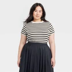 Women's Slim Fit Short Sleeve Ribbed T-Shirt - A New Day™ Cream Striped XXL: Cotton Modal Blend, Crew Neck, Pullover