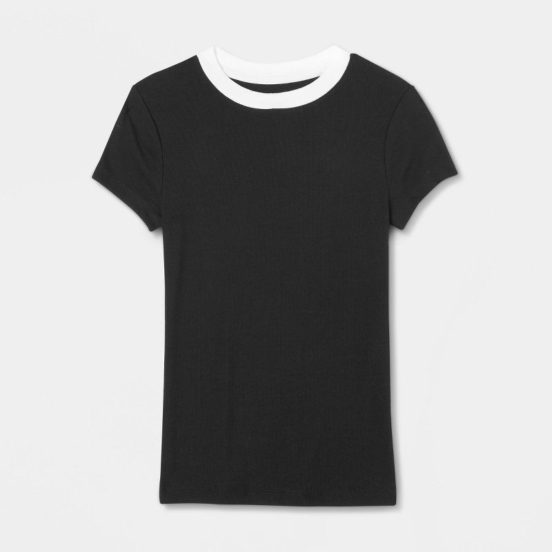slide 4 of 4, Women's Slim Fit Short Sleeve Ribbed T-Shirt - A New Day™ Black/White XS: Cotton Modal Spandex Blend, Crew Neck, 1 ct