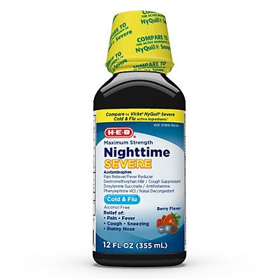 slide 1 of 1, H-E-B Nighttime Severe Cold & Flu Berry, 12 oz