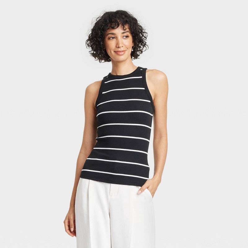 slide 1 of 4, Women's Slim Fit Ribbed Tank Top - A New Day™ Black Striped XS: Cotton Modal Blend, Crew Neck, Sleeveless, 1 ct