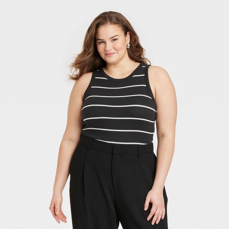 slide 1 of 3, Women's Slim Fit Ribbed Tank Top - A New Day™ Black Striped XXL: Cotton Modal Blend, Crew Neck, Pullover, 1 ct