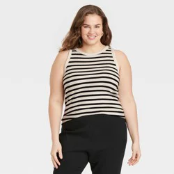 Women's Slim Fit Ribbed Tank Top - A New Day™ Cream/Black Striped XXL: Cotton Modal Blend, Crew Neck, Knit