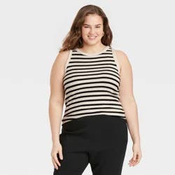 Women's Slim Fit Ribbed Tank Top - A New Day™ Cream/Black Striped XXL: Cotton Modal Blend, Crew Neck, Knit
