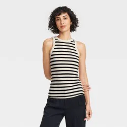 Women's Slim Fit Ribbed Tank Top - A New Day™ Cream/Black Striped S: Cotton Modal Blend, Crew Neck, Sleeveless Pullover