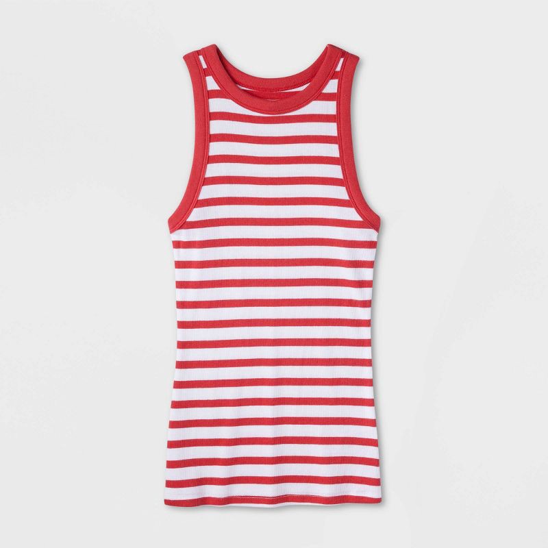 slide 4 of 4, Women's Slim Fit Ribbed Tank Top - A New Day™ Red/White Striped M: Cotton Modal Blend, Crew Neck, Sleeveless Pullover, 1 ct