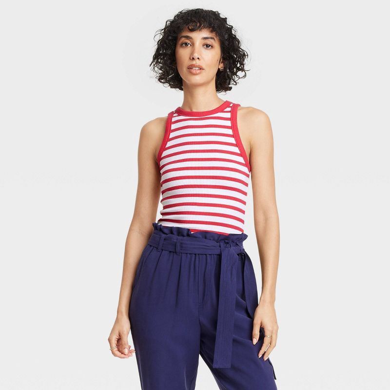 slide 1 of 4, Women's Slim Fit Ribbed Tank Top - A New Day™ Red/White Striped M: Cotton Modal Blend, Crew Neck, Sleeveless Pullover, 1 ct