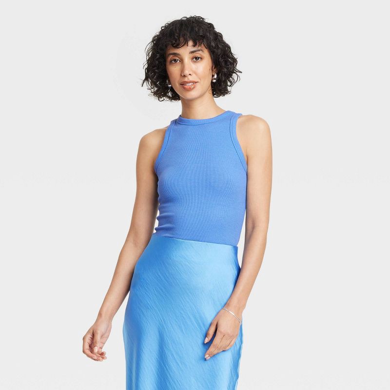 slide 1 of 4, Women's Slim Fit Ribbed Tank Top - A New Day™ Blue XL: Cotton Modal Blend, Crew Neck, Sleeveless, 1 ct