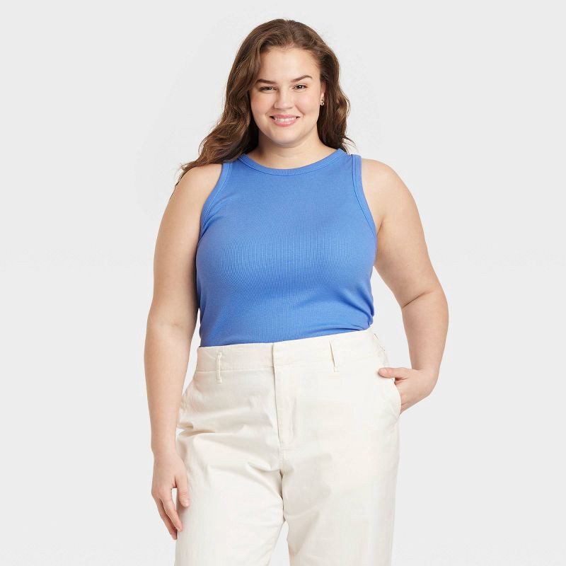 slide 1 of 3, Women's Slim Fit Ribbed Tank Top - A New Day™ Blue XXL: Cotton Modal Blend, Crew Neck, Pullover, 1 ct