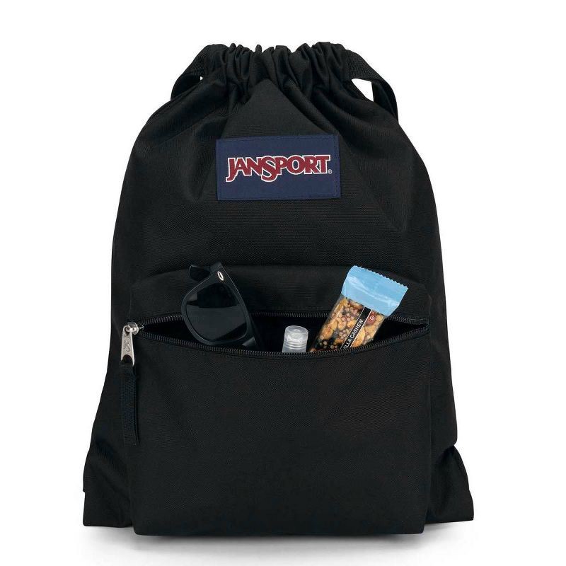 slide 2 of 4, JanSport Drawstring Bag - Black: Lightweight Dobby Shell, Front Zip Pocket, 1 ct