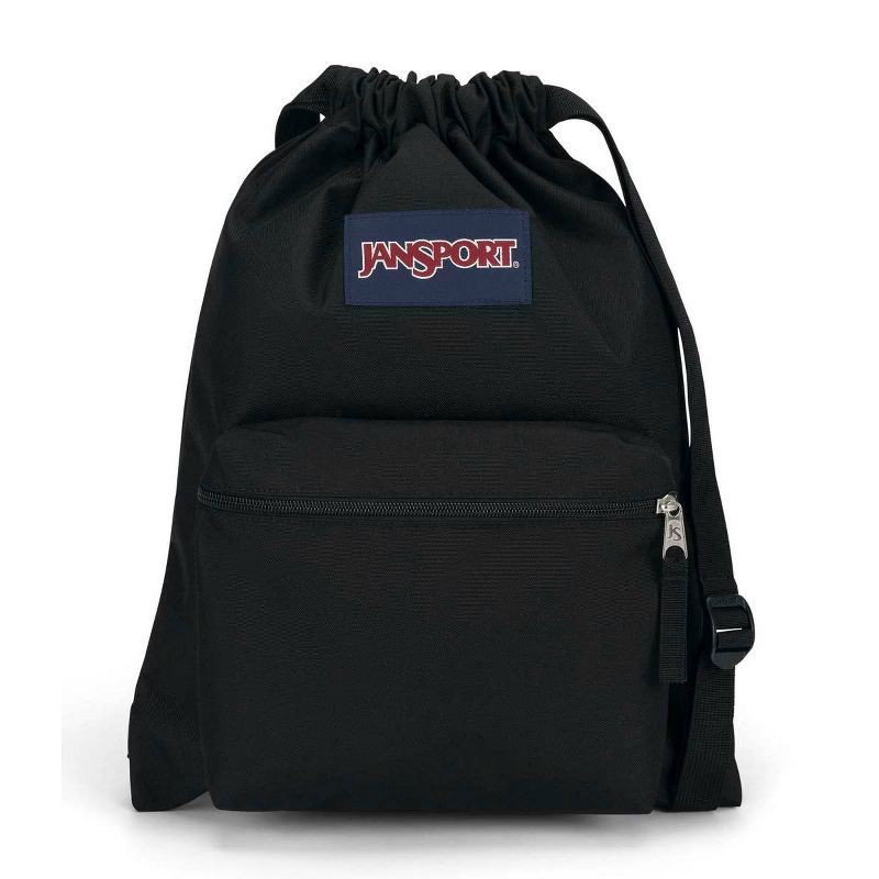 slide 1 of 4, JanSport Drawstring Bag - Black: Lightweight Dobby Shell, Front Zip Pocket, 1 ct