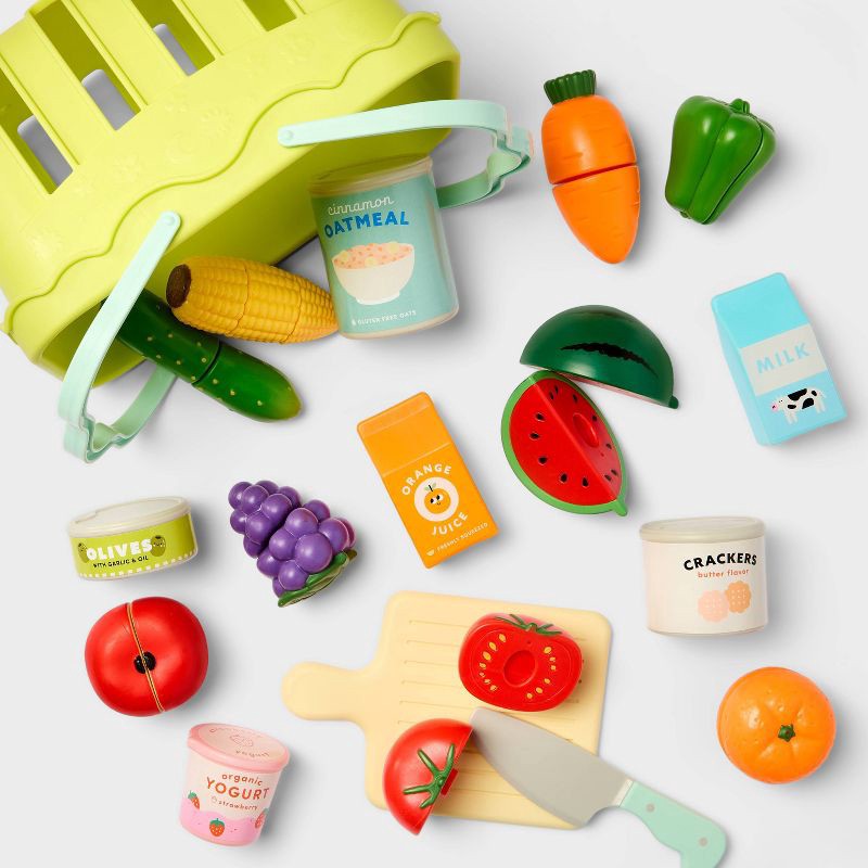 slide 3 of 6, Grocery Basket with Play Food- 18 Piece - Gigglescape™: Plastic, Ages 2+, Includes Play Fruit & Vegetables, 18 ct
