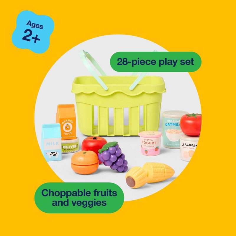 slide 6 of 6, Grocery Basket with Play Food- 18 Piece - Gigglescape™: Plastic, Ages 2+, Includes Play Fruit & Vegetables, 18 ct