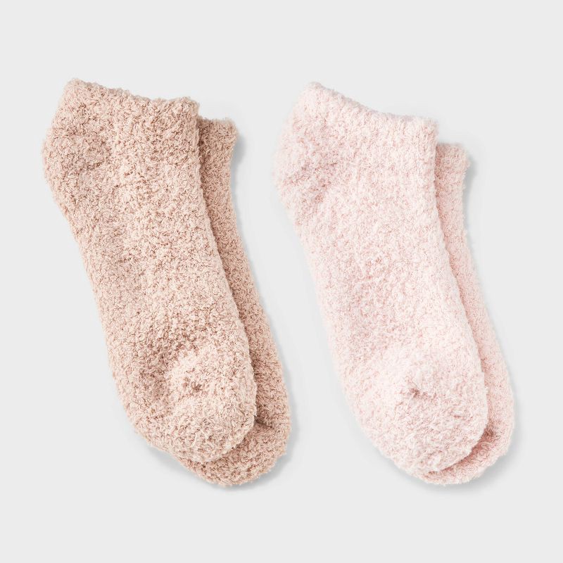 slide 1 of 3, Women's Solid 2pk Cozy Low Cut Socks - Auden™ Pink/Tan 4-10: Recycled Polyester, Spandex, Knit, Tagless, Machine Washable, 2 ct