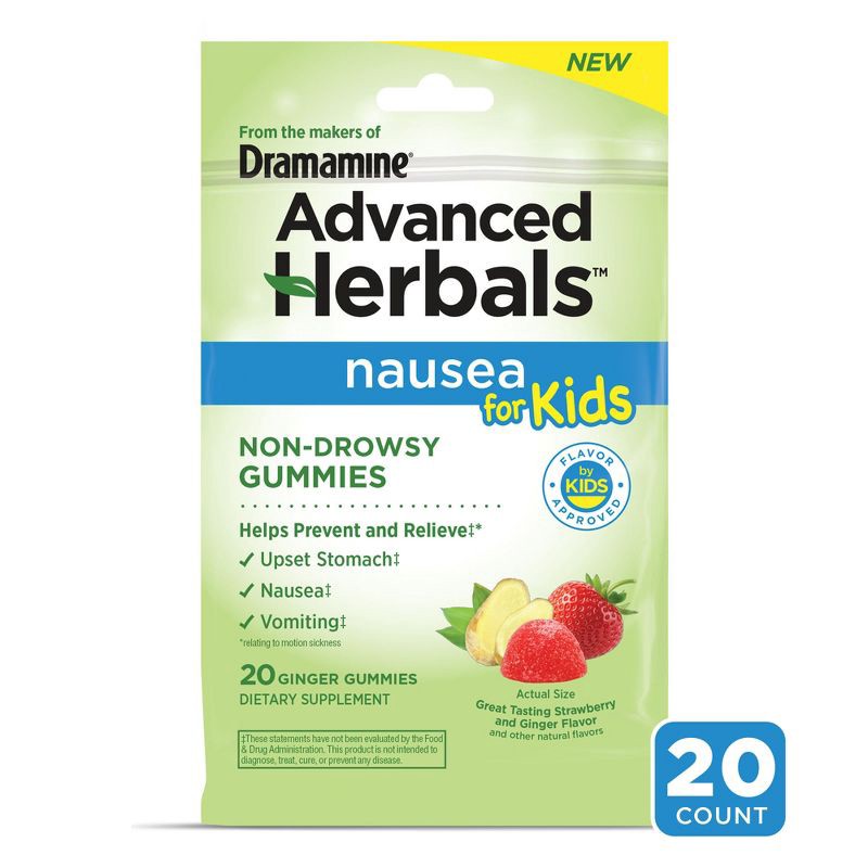 slide 1 of 8, Dramamine Advanced Herbals Kids' Nausea Relief Gummies - Strawberry & Ginger - 20ct, 20 ct