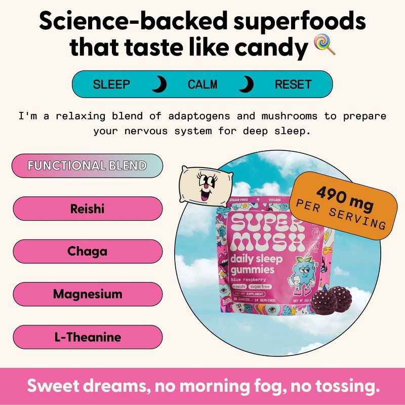 slide 5 of 10, SuperMush Daily Sleep Mushroom Supplement Vegan Gummies - 28ct/14 Servings, 28 ct, 14 servings