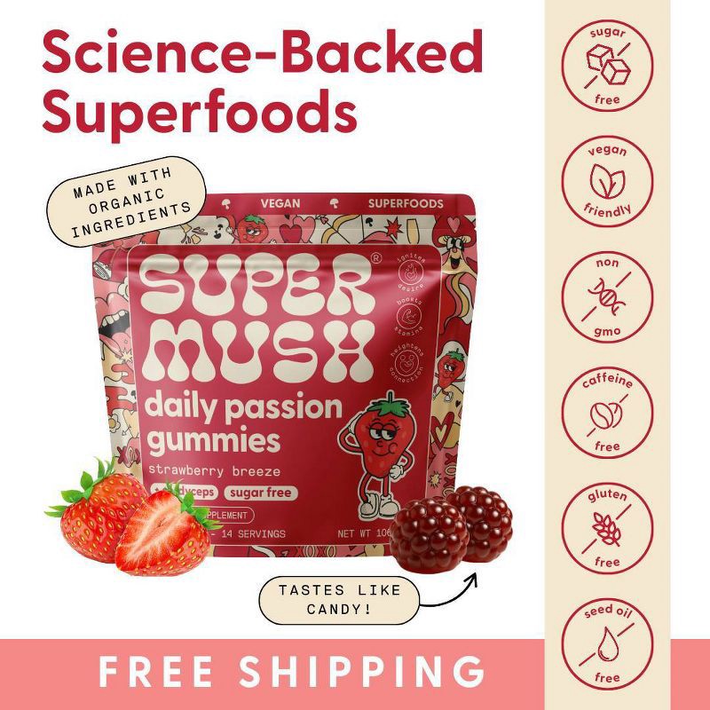 slide 4 of 10, SuperMush Daily Passion Mushroom Supplement Gummies - 28ct/14 Servings, 28 ct, 14 servings