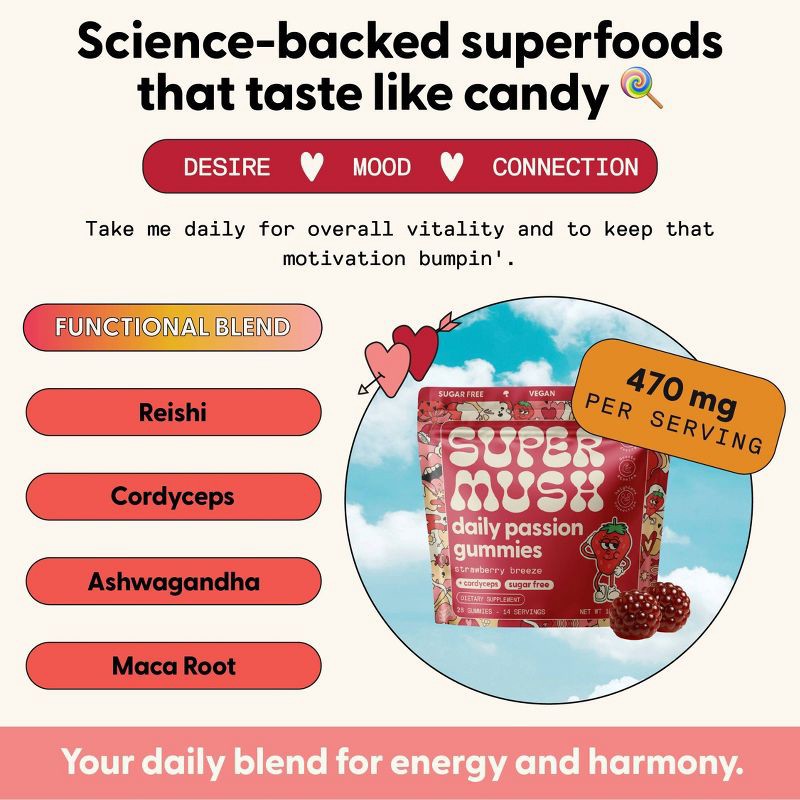 slide 5 of 10, SuperMush Daily Passion Mushroom Supplement Gummies - 28ct/14 Servings, 28 ct, 14 servings