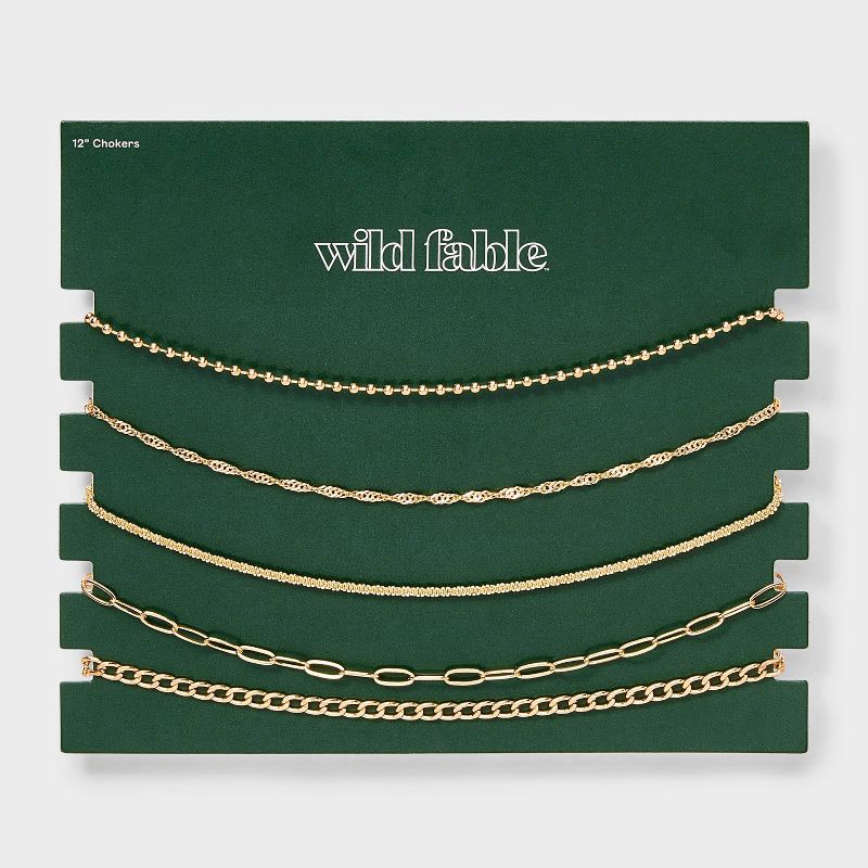 slide 3 of 4, Chain Choker Necklace Set 5pc - Wild Fable™ Gold: Lobster Claw Clasp, Recycled Zinc, 12" Length, 5 ct