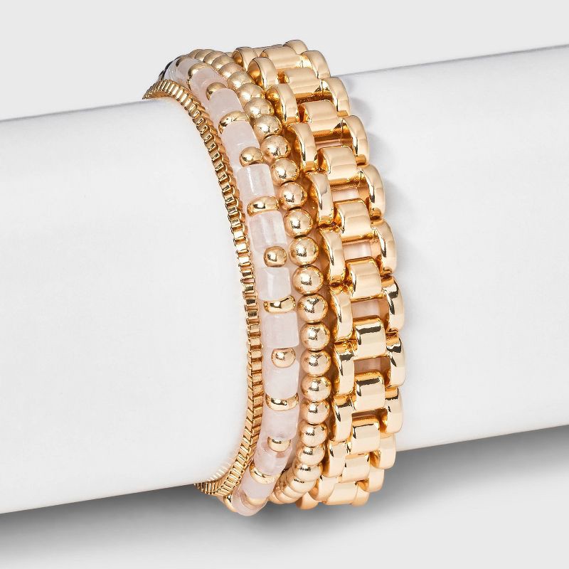 slide 2 of 4, Mixed Bead and Chain Semi-Precious Rose Quartz Bracelet Set 4pc - Universal Thread™ Light Pink: Iron, Acrylic, Zinc Alloy, 4 ct