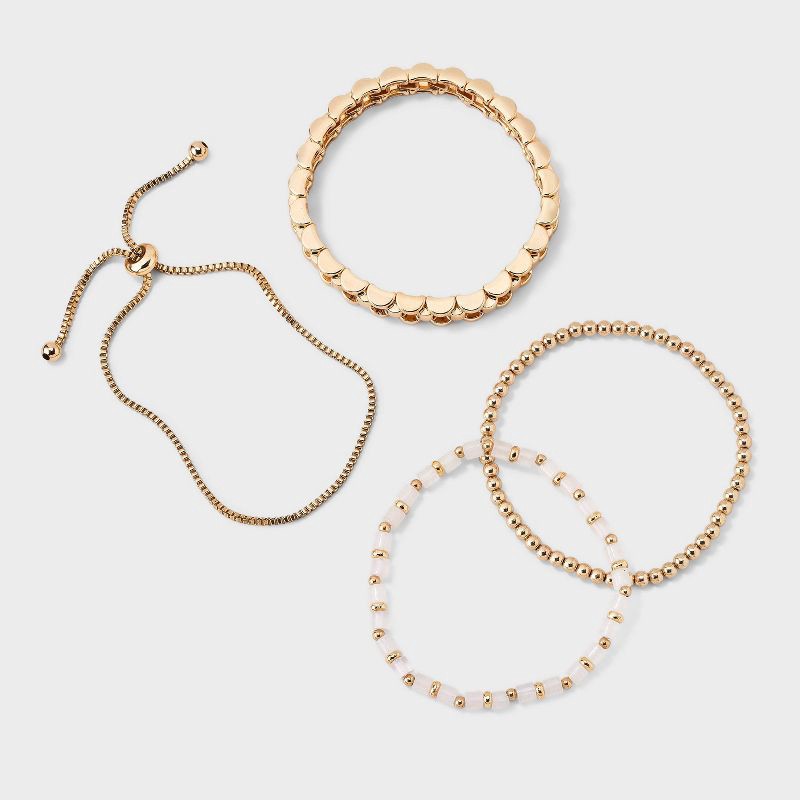 slide 3 of 4, Mixed Bead and Chain Semi-Precious Rose Quartz Bracelet Set 4pc - Universal Thread™ Light Pink: Iron, Acrylic, Zinc Alloy, 4 ct