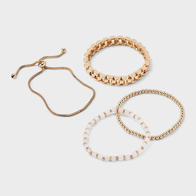 slide 1 of 4, Mixed Bead and Chain Semi-Precious Rose Quartz Bracelet Set 4pc - Universal Thread™ Light Pink: Iron, Acrylic, Zinc Alloy, 4 ct