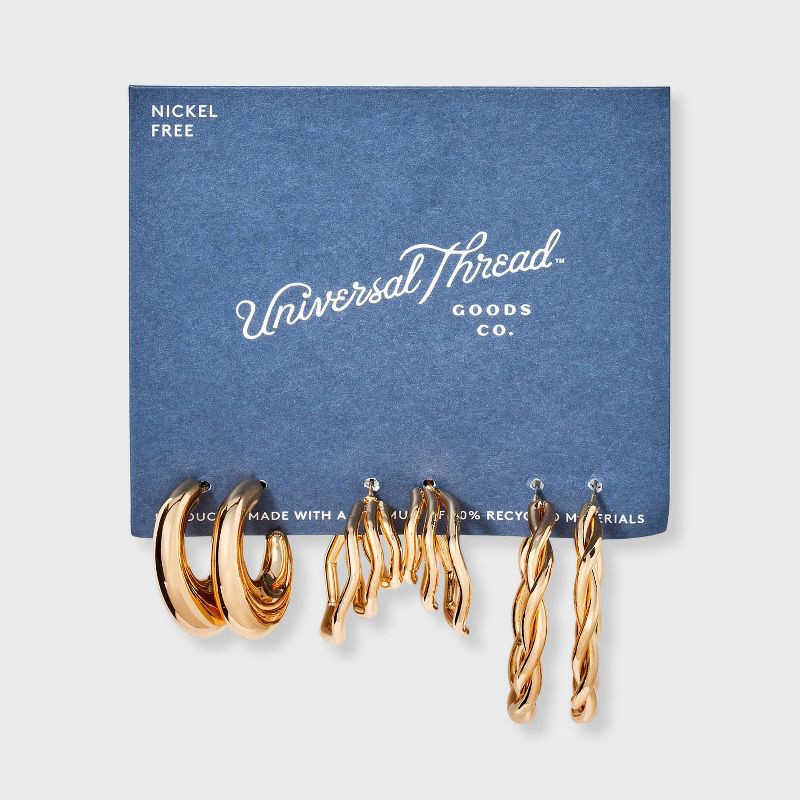 slide 2 of 3, Twisted Hoop Earring Set 3pc - Universal Thread™ Gold: Steel Material, Post Closure, 1.25" Length, 3 ct