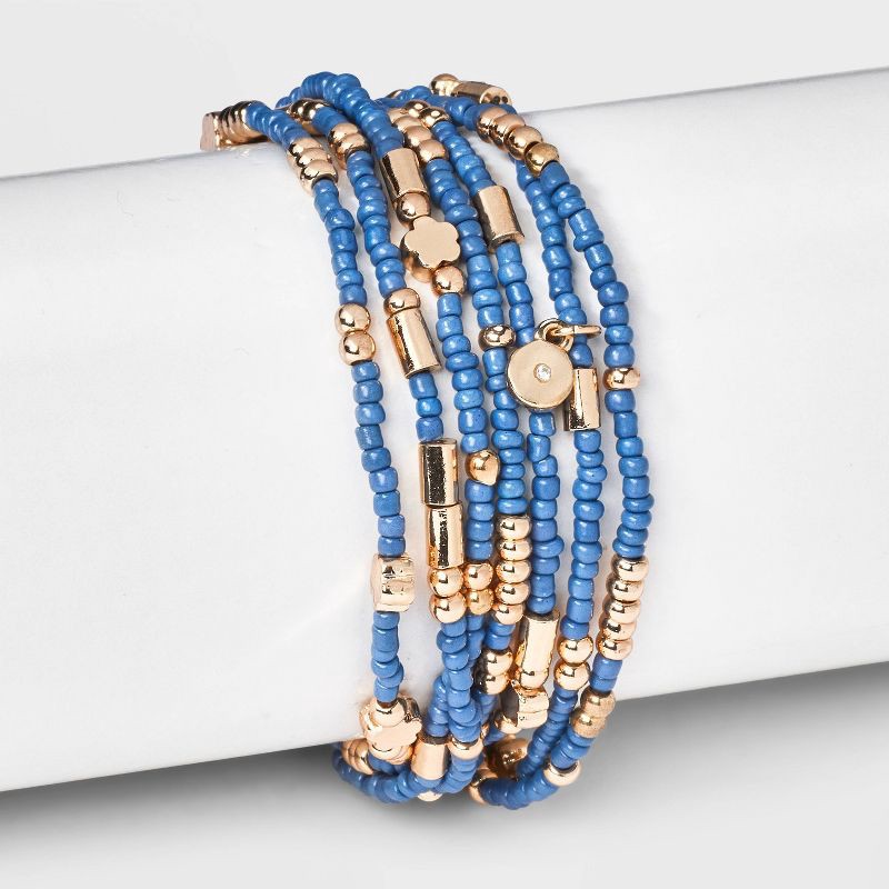 slide 2 of 4, Floral Beaded Bracelet Set 7pc - Universal Thread™ Blue: Glass Acrylic Zinc Alloy Stretch Jewelry, 7 ct