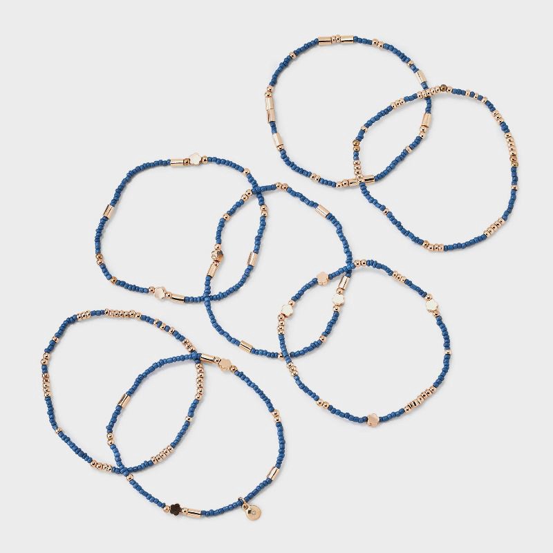 slide 3 of 4, Floral Beaded Bracelet Set 7pc - Universal Thread™ Blue: Glass Acrylic Zinc Alloy Stretch Jewelry, 7 ct