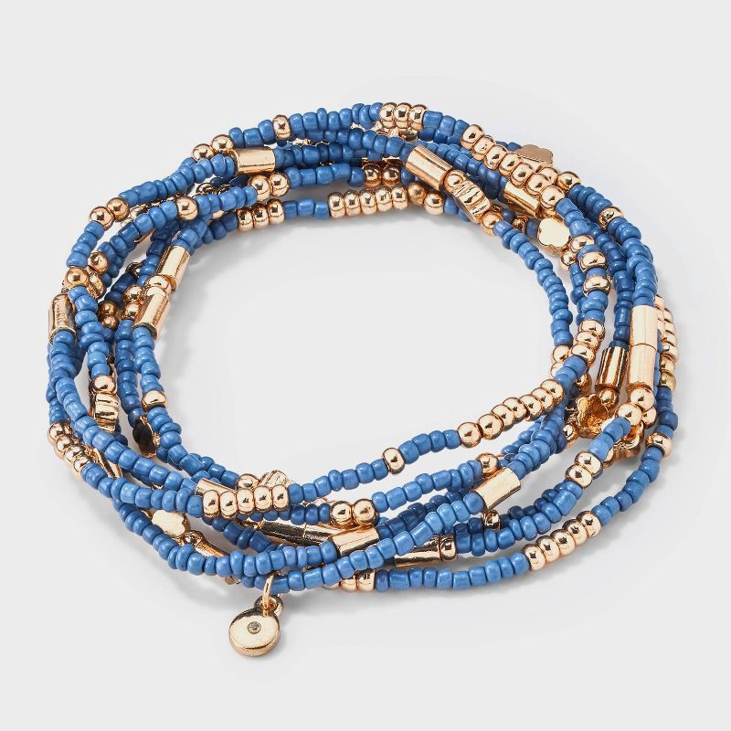 slide 1 of 4, Floral Beaded Bracelet Set 7pc - Universal Thread™ Blue: Glass Acrylic Zinc Alloy Stretch Jewelry, 7 ct