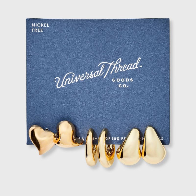 slide 2 of 3, Wavy Heart Stud and Hoop Earring Set 3pc - Universal Thread™ Gold: Recycled Zinc, Post Closure, 3 ct