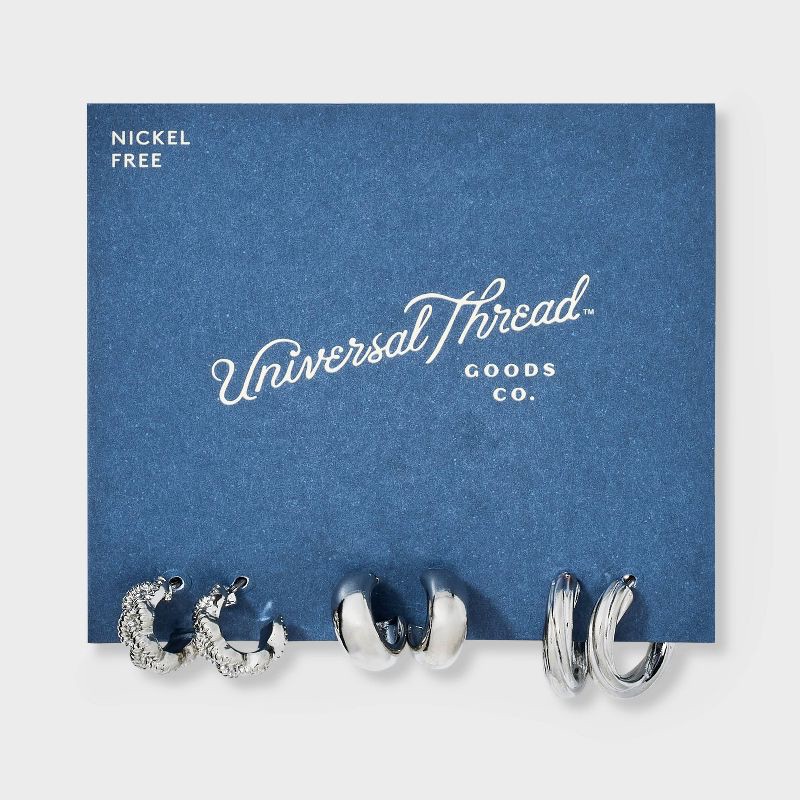 slide 2 of 3, Braided and Twist Textured Hoop Earring Set 3pc - Universal Thread™ Silver: Steel, Nickel-Free, Zinc Alloy, 3 ct