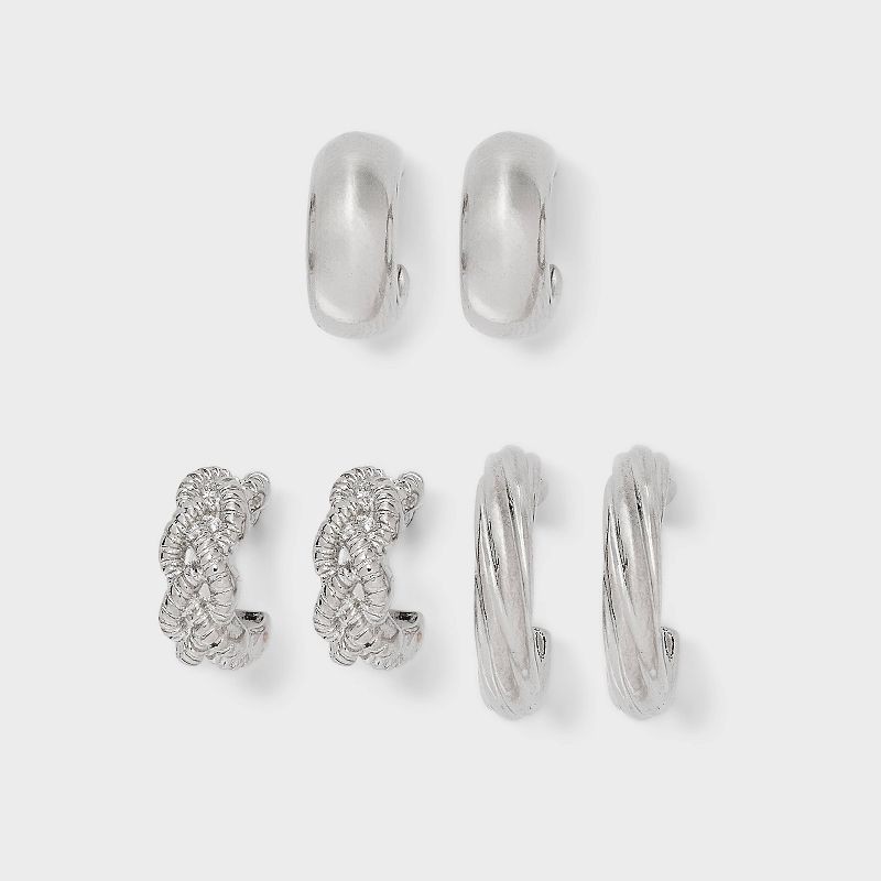 slide 1 of 3, Braided and Twist Textured Hoop Earring Set 3pc - Universal Thread™ Silver: Steel, Nickel-Free, Zinc Alloy, 3 ct