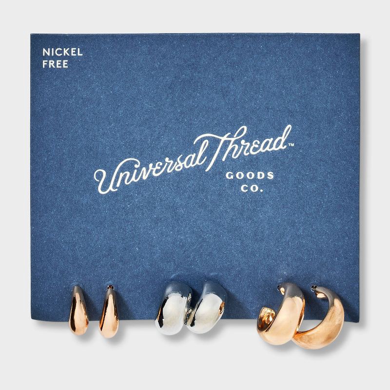 slide 2 of 3, Tubular Hoop Earring Set 3pc - Universal Thread™ Multicolor: Steel, Nickel-Free, Zinc Alloy, Post Closure, 3 ct