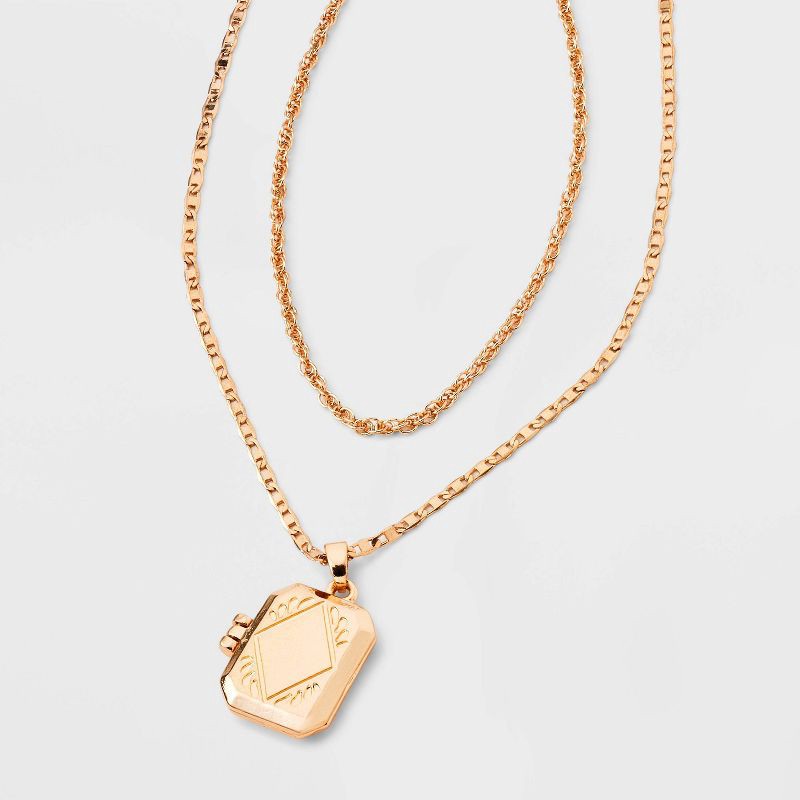 slide 1 of 5, Rectangular Locket Multi-Strand Necklace - Universal Thread™ Gold: Iron, Brass, Zinc Alloy, Lobster Clasp, 1 ct