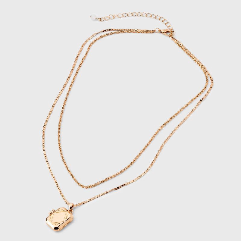 slide 3 of 5, Rectangular Locket Multi-Strand Necklace - Universal Thread™ Gold: Iron, Brass, Zinc Alloy, Lobster Clasp, 1 ct