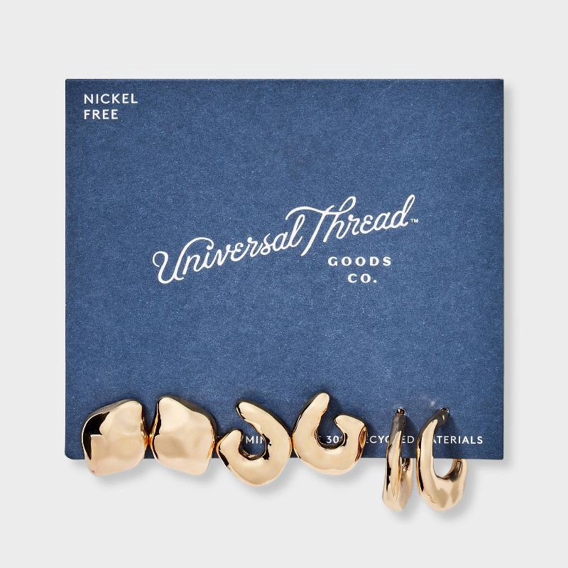 slide 2 of 3, Wavy Stud and Hoop Earring Set 3pc - Universal Thread™ Gold: Post Closure, 35% Recycled Zinc, 1" Length, 0.02 Weight, 3 ct