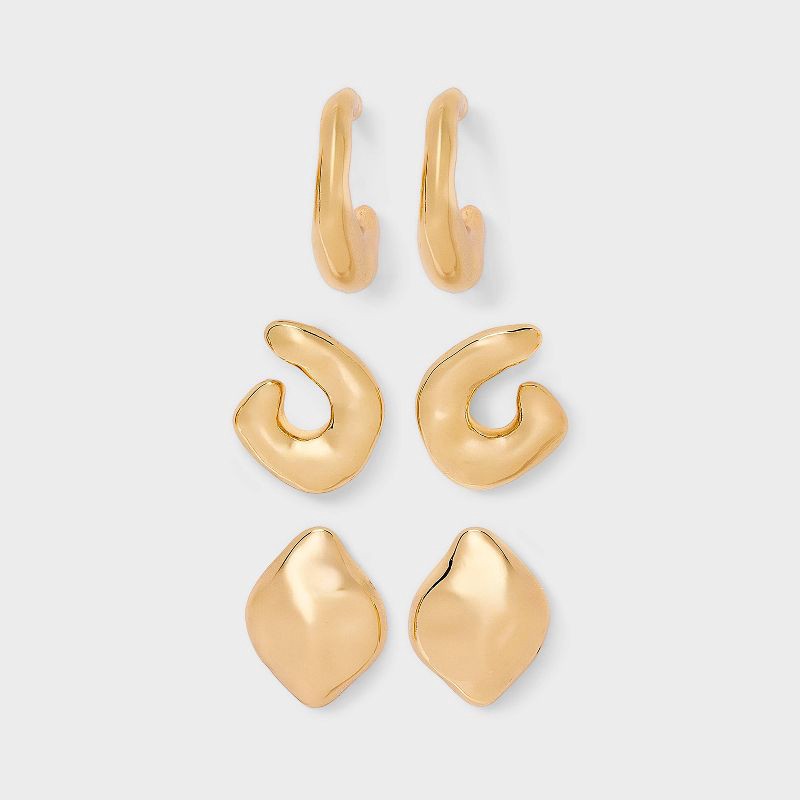 slide 1 of 3, Wavy Stud and Hoop Earring Set 3pc - Universal Thread™ Gold: Post Closure, 35% Recycled Zinc, 1" Length, 0.02 Weight, 3 ct