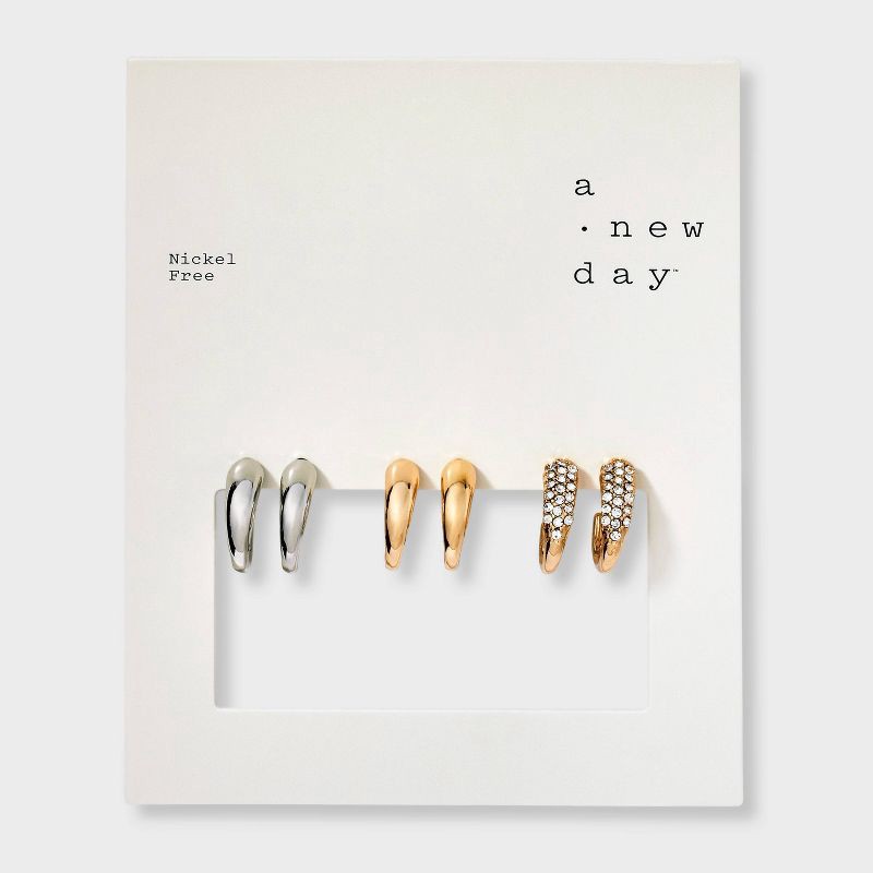 slide 2 of 3, Hoop and Crystal Hoop Earring Set 3pc - A New Day™ Metallic Silver/Gold: Hypoallergenic Zinc, Post Closure, 3 ct
