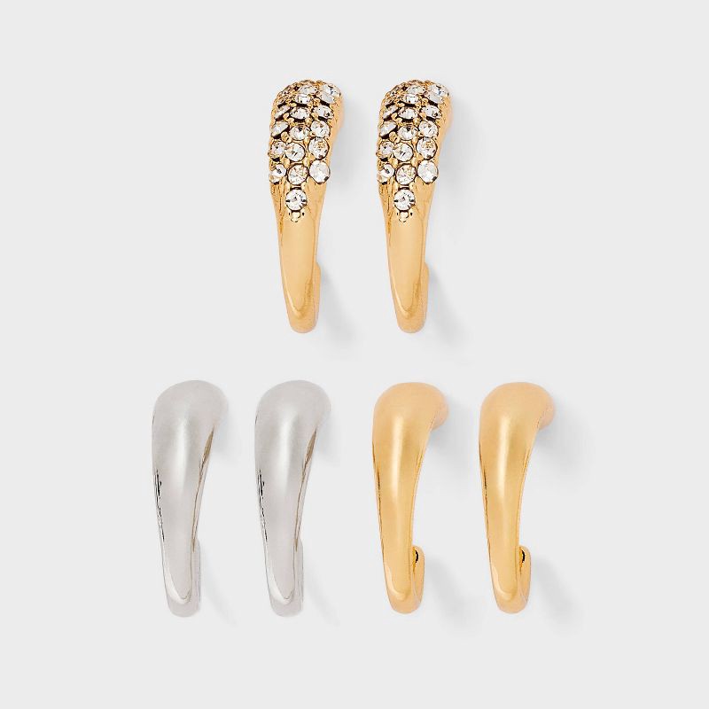 slide 1 of 3, Hoop and Crystal Hoop Earring Set 3pc - A New Day™ Metallic Silver/Gold: Hypoallergenic Zinc, Post Closure, 3 ct