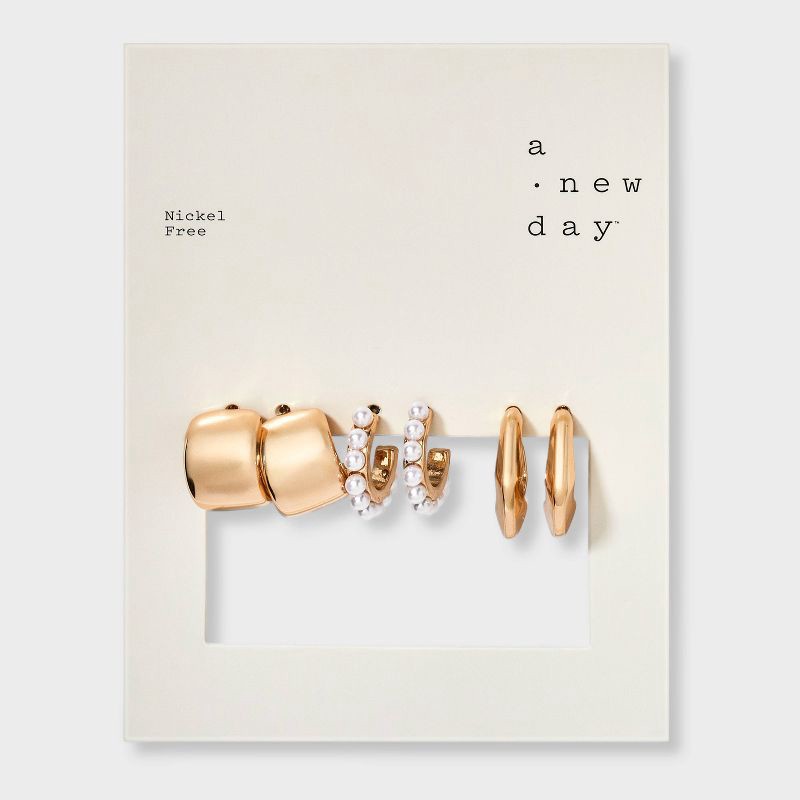slide 2 of 3, Hoop Earring Set 3pc - A New Day™ Pearl/Gold: Nickel-Free Metal, Post Closure, 0.7" Length, 3 ct