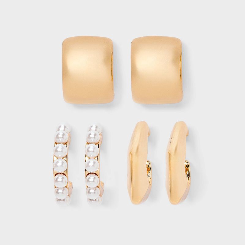 slide 1 of 3, Hoop Earring Set 3pc - A New Day™ Pearl/Gold: Nickel-Free Metal, Post Closure, 0.7" Length, 3 ct