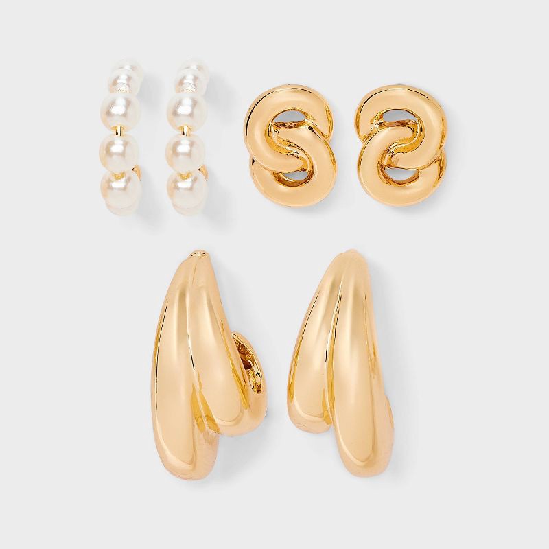 slide 1 of 3, Hoop and Stud Crystal Earring Set 3pc - A New Day™ Gold: Hypoallergenic Zinc, Post Closure, 18+ Age, 3 ct