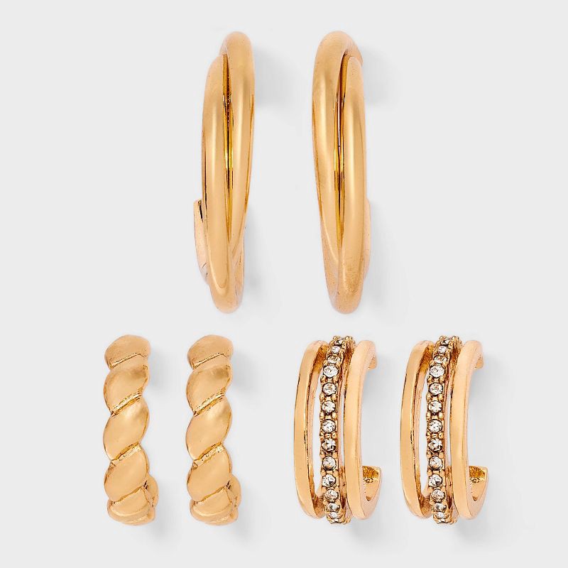 slide 1 of 3, Twisted Hoop Earring Set 3pc - A New Day™ Clear/Gold: Nickel-Free Metal, Post Closure, 3 ct