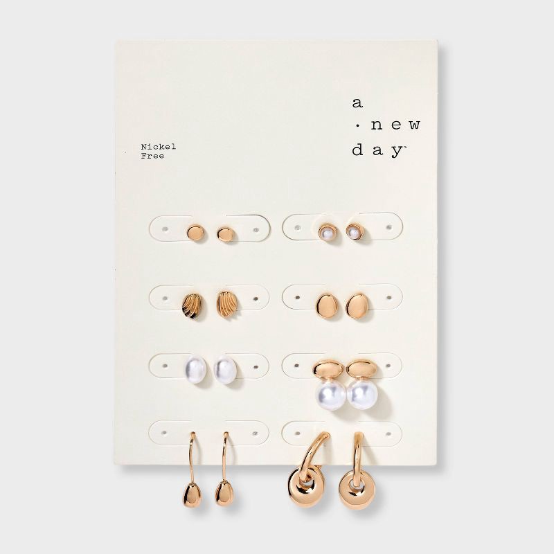 slide 2 of 3, Pearl and Dome Earring Set 8pc - A New Day™ Gold: Nickel-Free Studs, Multicolored, Post Closure, 8 ct