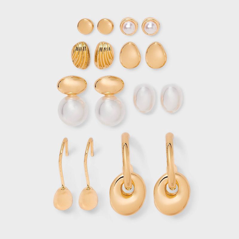 slide 1 of 3, Pearl and Dome Earring Set 8pc - A New Day™ Gold: Nickel-Free Studs, Multicolored, Post Closure, 8 ct