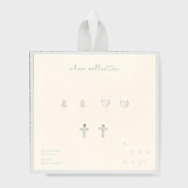 slide 2 of 3, Sterling Silver Cubic Zirconia Heart Cross Stud Earring Set 3pc - A New Day™: Butterfly Closure, Gift Box Included, 3 ct