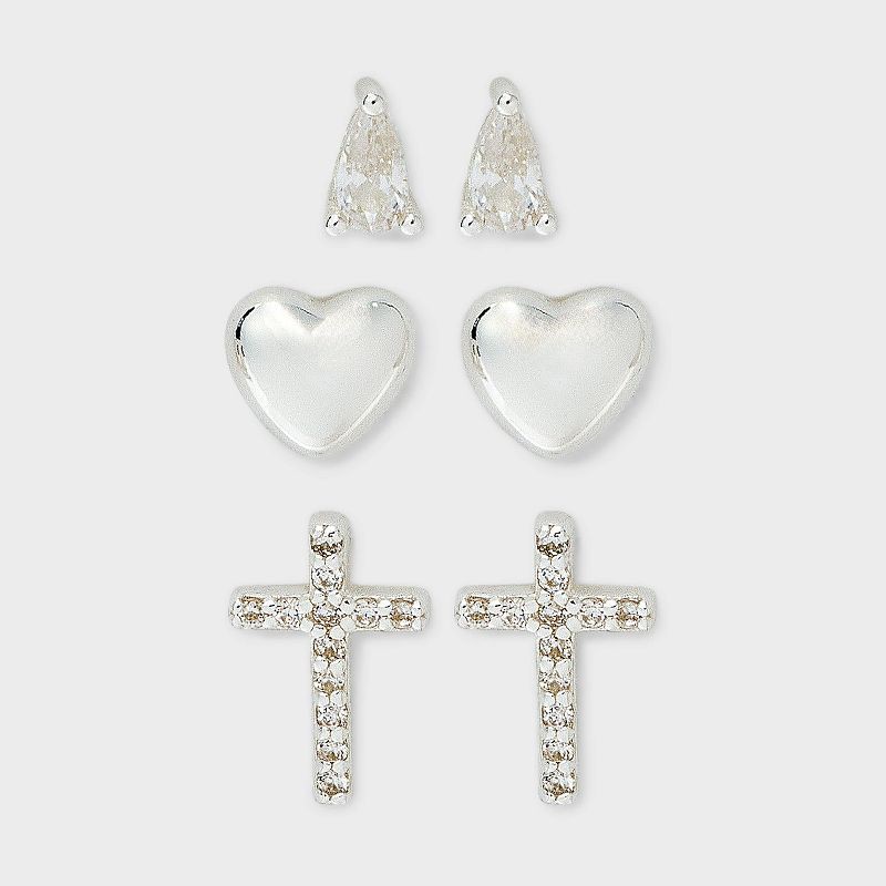 slide 1 of 3, Sterling Silver Cubic Zirconia Heart Cross Stud Earring Set 3pc - A New Day™: Butterfly Closure, Gift Box Included, 3 ct