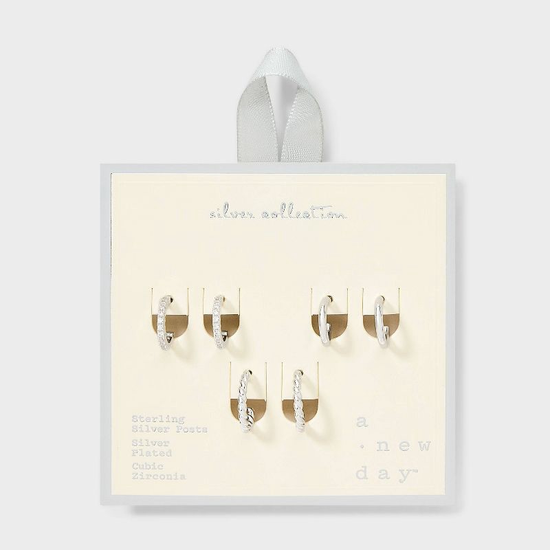 slide 2 of 3, Silver Plated Cubic Zirconia and Twist Hoop Earring Set 3pc - A New Day™: Brass, Nickel-Free, Gift Box Included, 3 ct