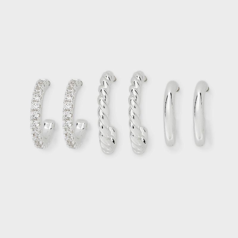 slide 1 of 3, Silver Plated Cubic Zirconia and Twist Hoop Earring Set 3pc - A New Day™: Brass, Nickel-Free, Gift Box Included, 3 ct