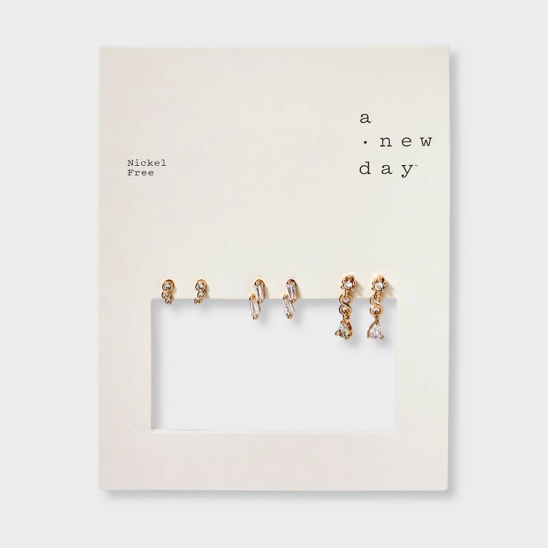 slide 2 of 3, Drop and Stud Earring Set 3pc - A New Day™ Gold: Hypoallergenic Linear and Stud Earrings, Glass Material, Post Closure, 3 ct